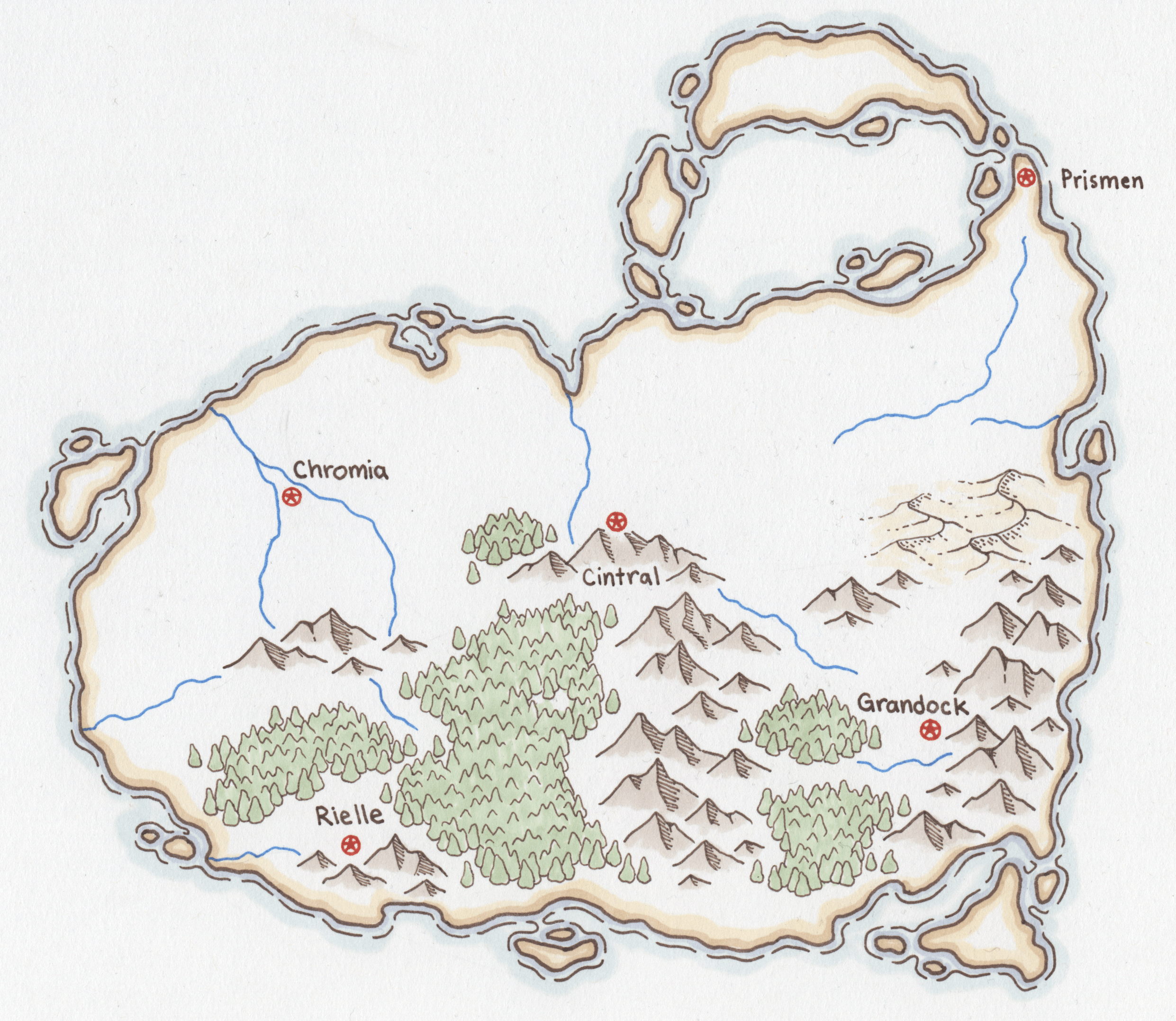 A map of a slightly heart-shaped continent with four kingdoms. In the bottom left is Rielle, surrounded by forest. In the bottom right is Grandock among the mountains. In the top right is Prismen, right on the coast. And in the top left is Chromia, at the fork of two rivers. In the center of the continent is a city called Cintral, sunk into the top of a mountain.